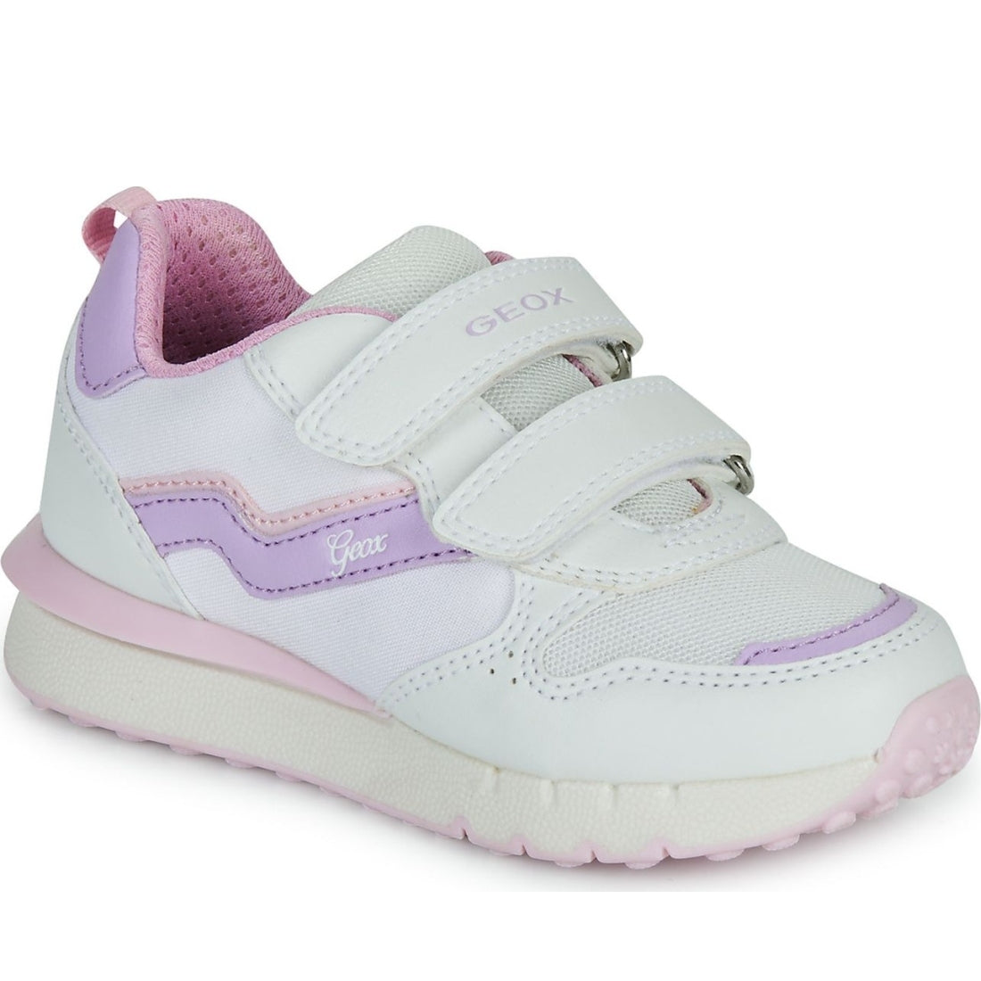 Geox girls white, lilac fastics sneakers | Vilbury London