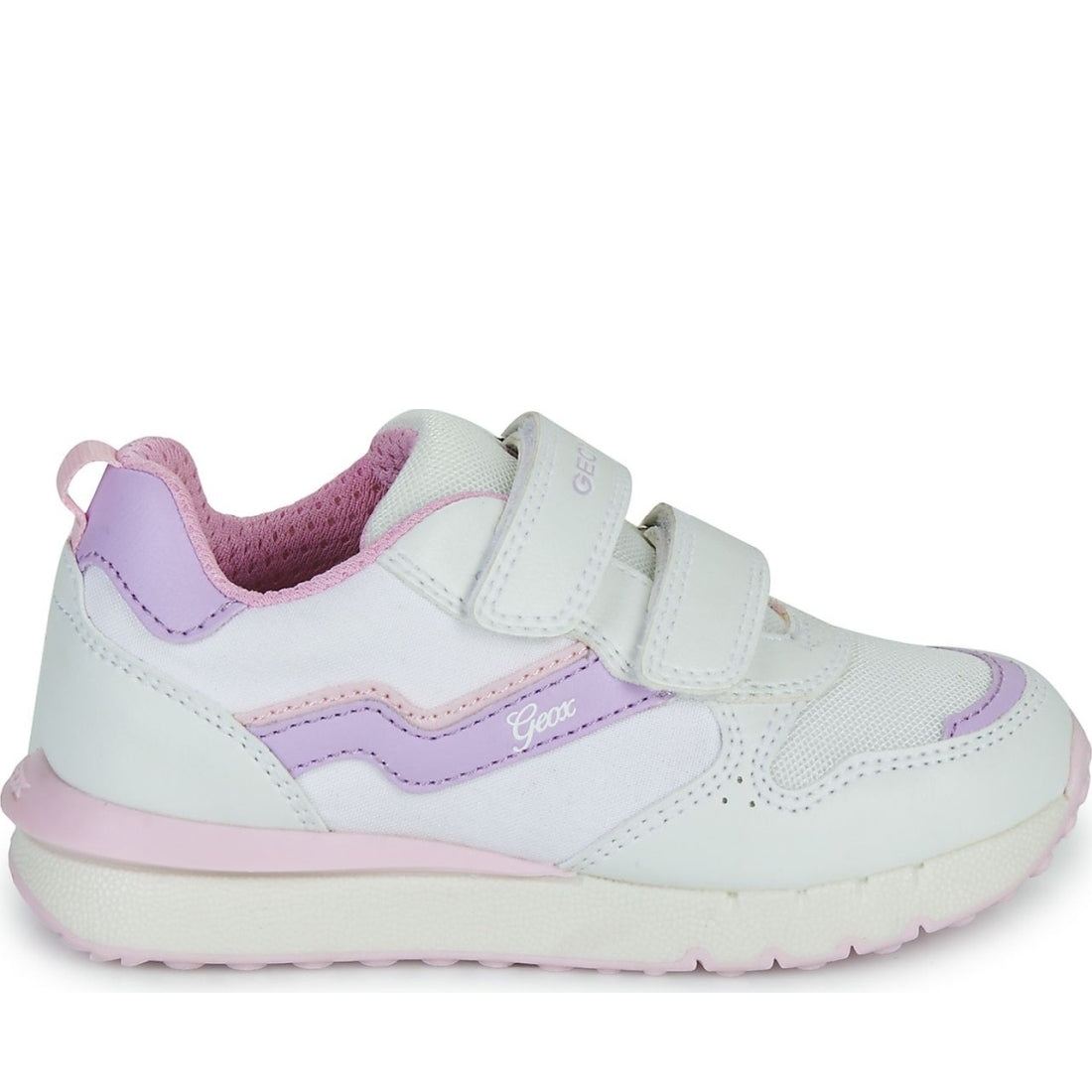 Geox girls white, lilac fastics sneakers | Vilbury London