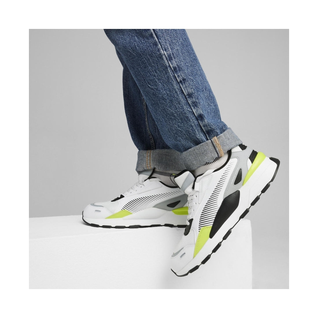 Puma mens white lime pow rs 3.0 leisure trainers | Vilbury London