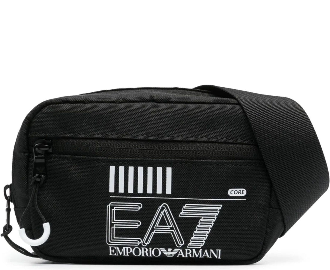 black, white logo casual shoulder bag