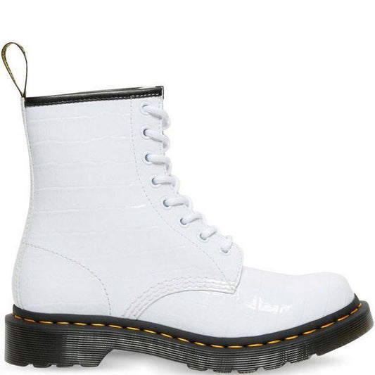 Dr. Martens Womens W White Patent Lamper Croc Emboss White Booties 1460 26855100 | Vilbury London