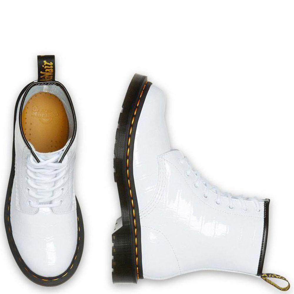 Dr. Martens Womens W White Patent Lamper Croc Emboss White Booties 1460 26855100 | Vilbury London