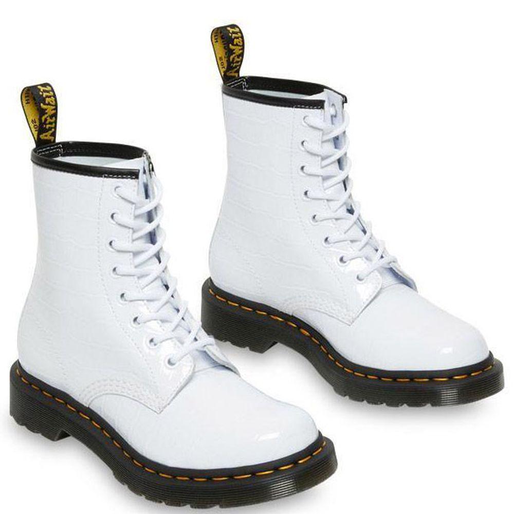 Dr. Martens Womens W White Patent Lamper Croc Emboss White Booties 1460 26855100 | Vilbury London