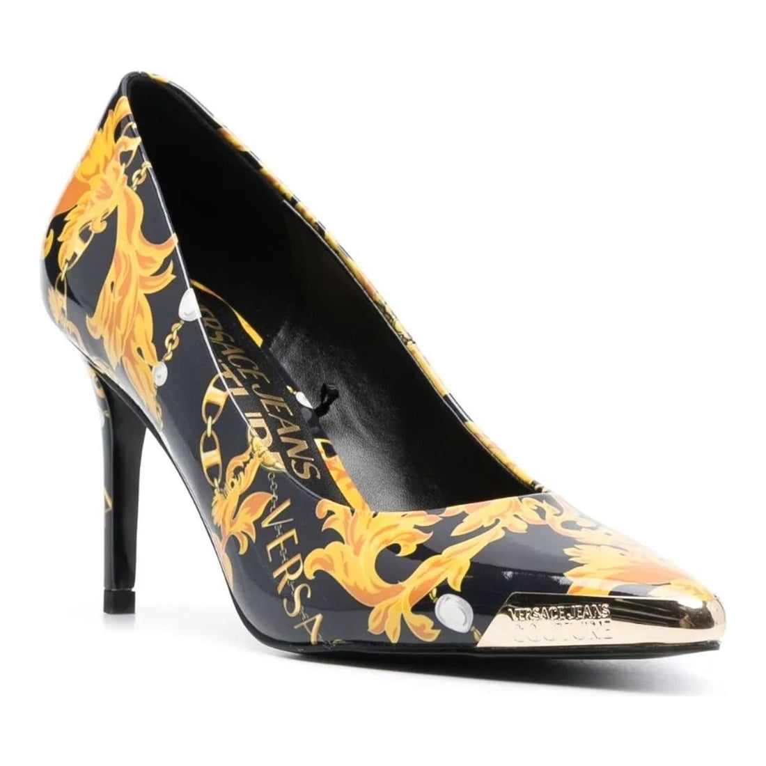 Versace Jeans Couture womens black, gold scarlett decollete shoes | Vilbury London