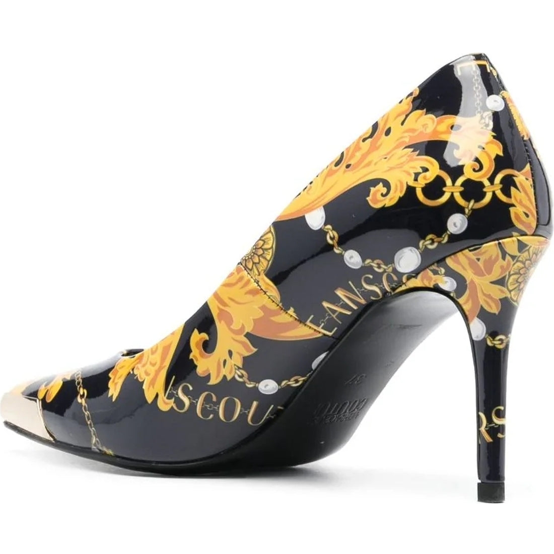 Versace Jeans Couture womens black, gold scarlett decollete shoes | Vilbury London