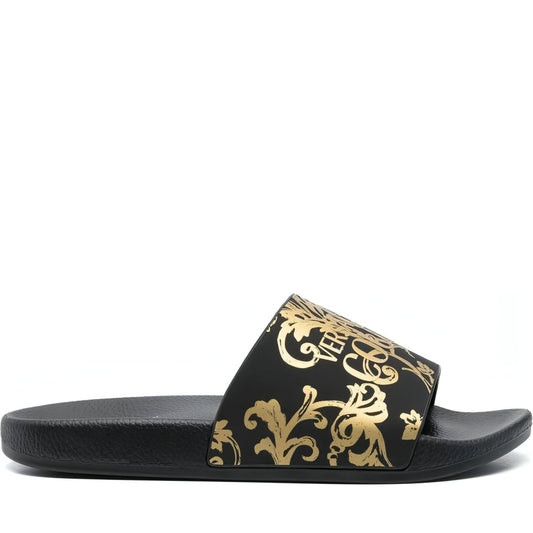 Versace Jeans Couture womens black, gold fondo shelly slippers | Vilbury London