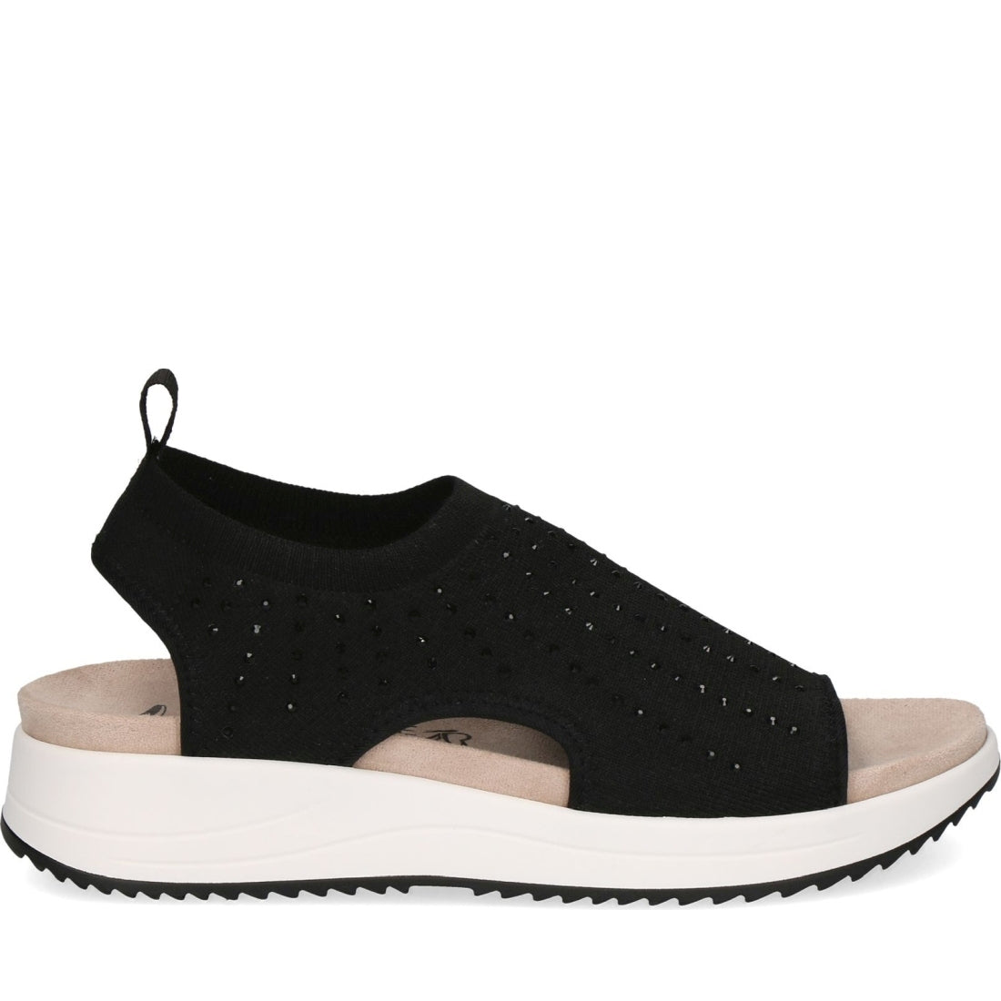 Caprice womens black knit casual open sandals | Vilbury London