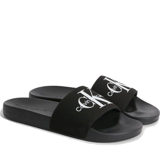 Calvin Klein Jeans womens black, bright white slide monogram | Vilbury London