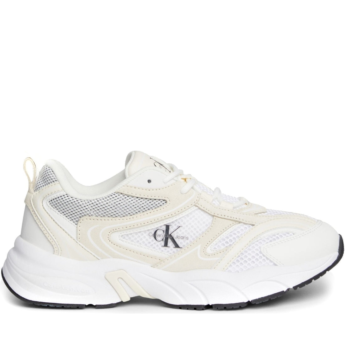 Calvin Klein Jeans womens white, creamy, black retro tennis mesh leisure trainers | Vilbury London