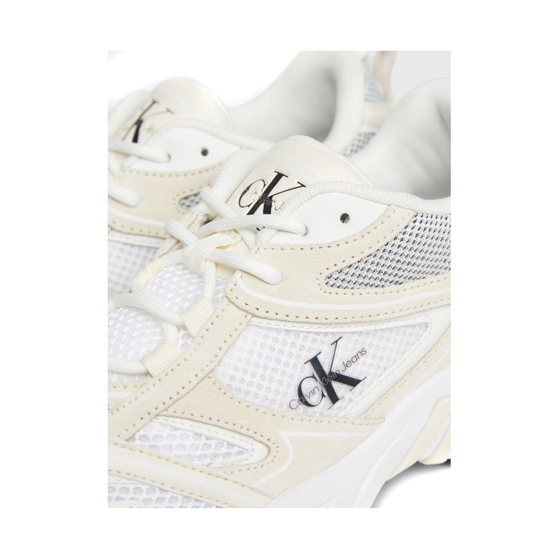 Calvin Klein Jeans womens white, creamy, black retro tennis mesh leisure trainers | Vilbury London