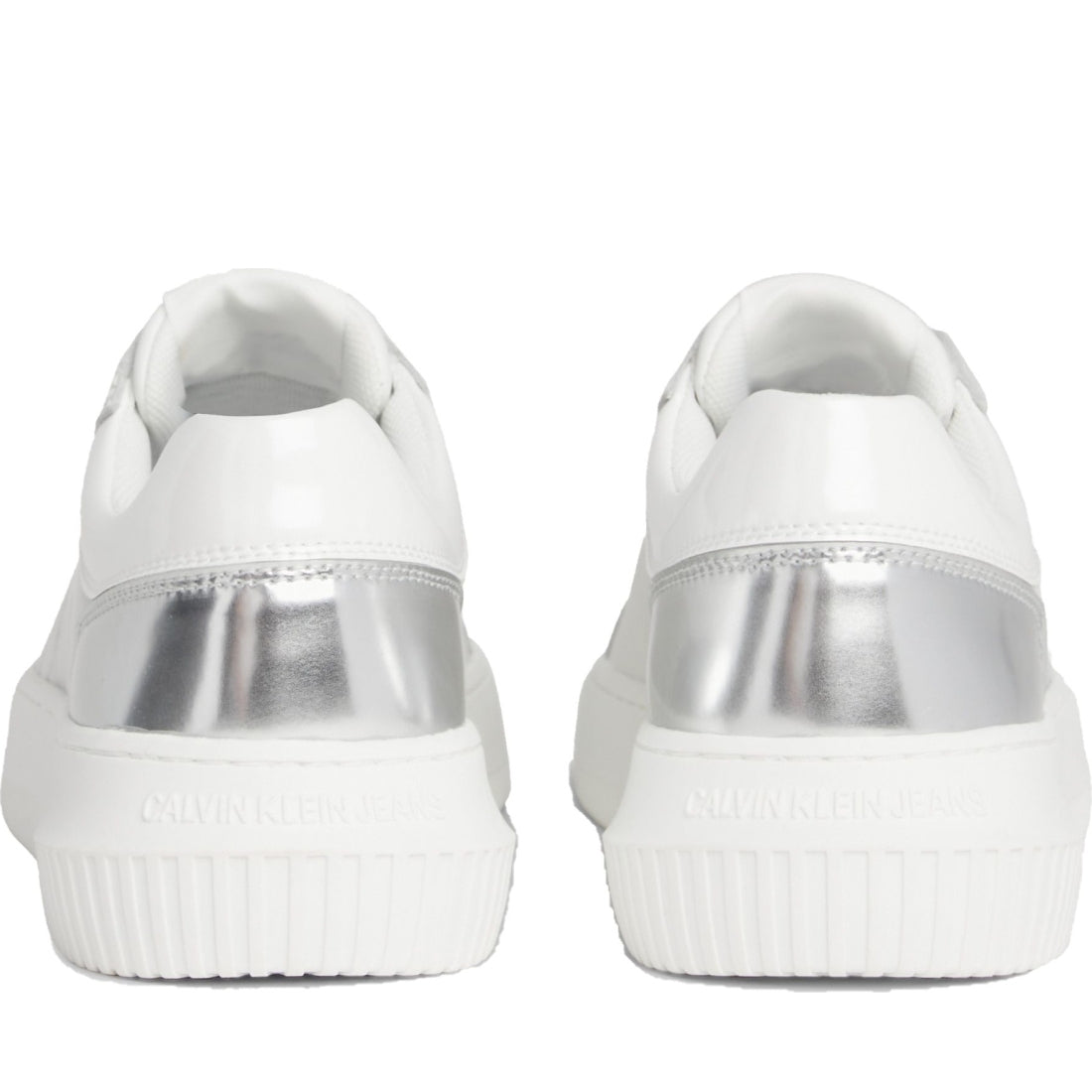 Calvin Klein Jeans womens bright white, silver chunky cupsole low leisure trainers | Vilbury London