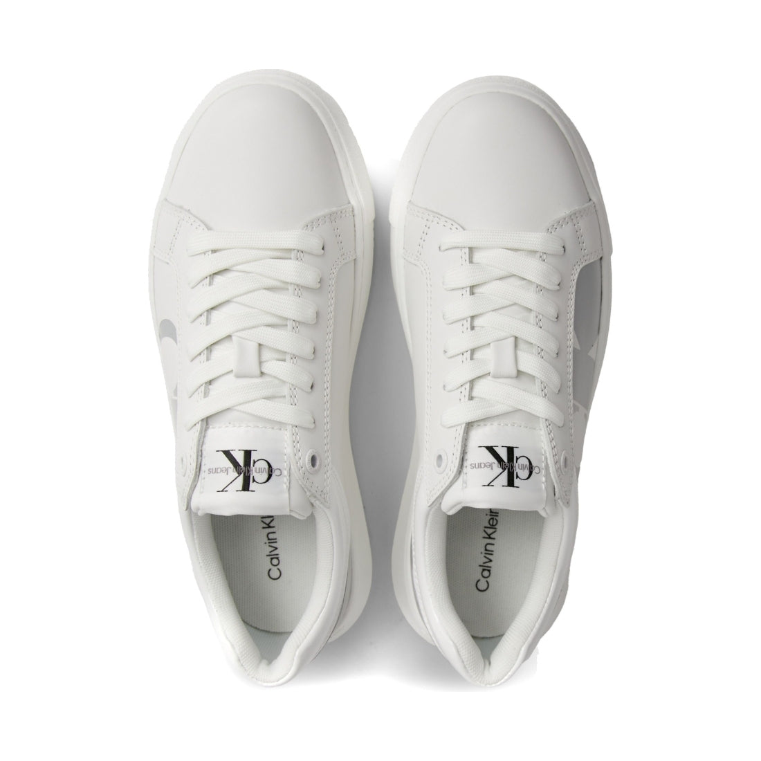 Calvin Klein Jeans womens bright white, silver chunky cupsole low leisure trainers | Vilbury London