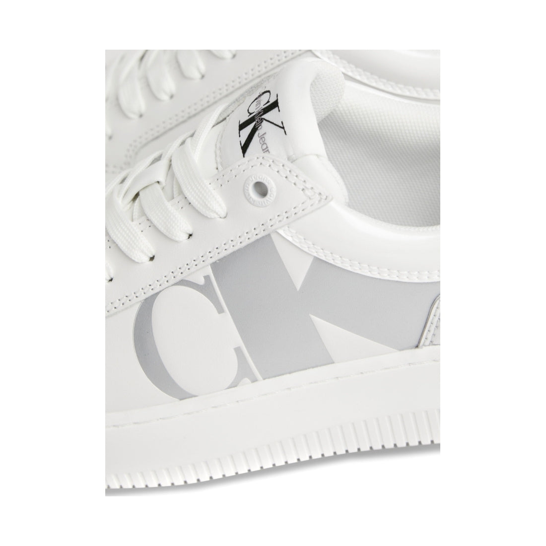 Calvin Klein Jeans womens bright white, silver chunky cupsole low leisure trainers | Vilbury London