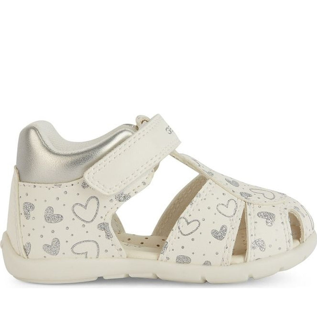 Geox girls white, silver elthan first steps sandals | Vilbury London