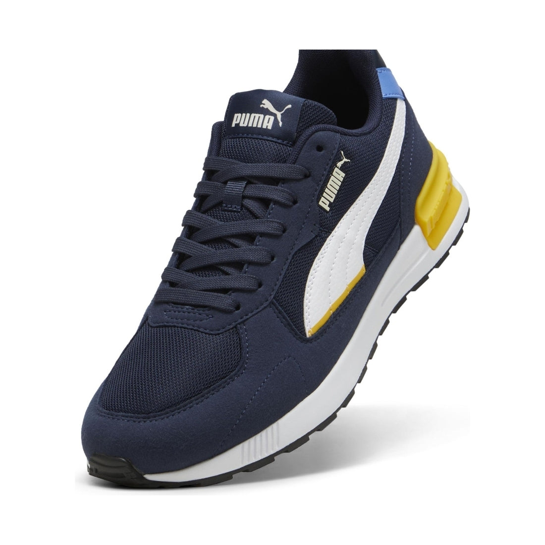 Puma mens navy white yellow graviton leisure trainers | Vilbury London