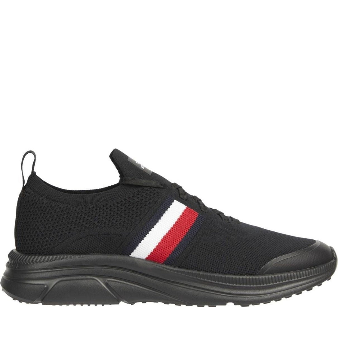 Tommy Hilfiger mens black modern knit stripes leisure trainers | Vilbury London