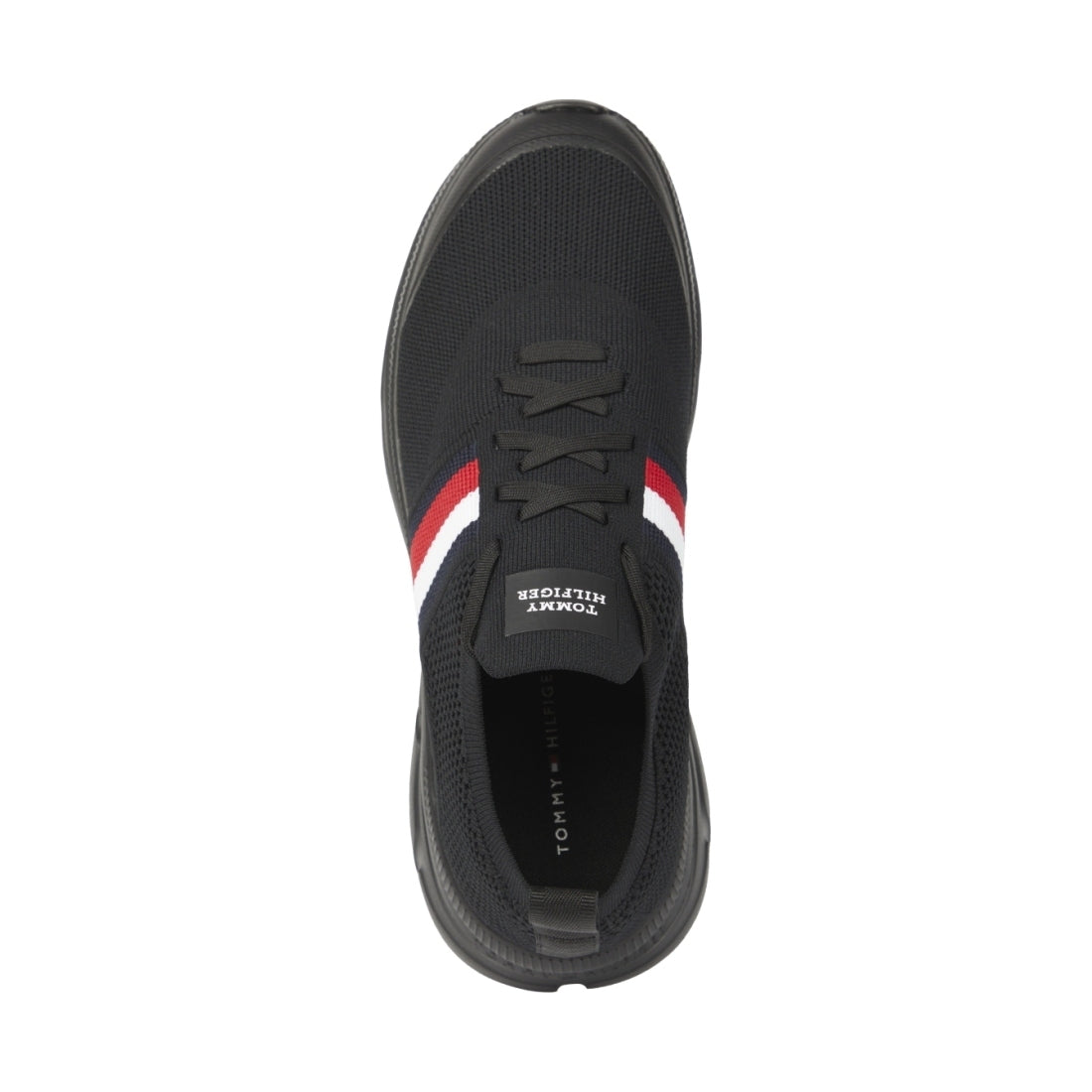 Tommy Hilfiger mens black modern knit stripes leisure trainers | Vilbury London