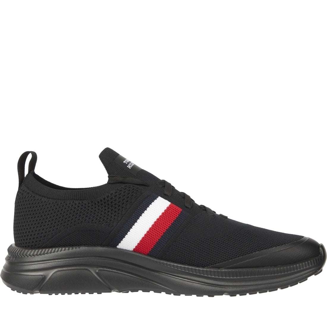 Tommy Hilfiger mens black modern knit stripes leisure trainers | Vilbury London