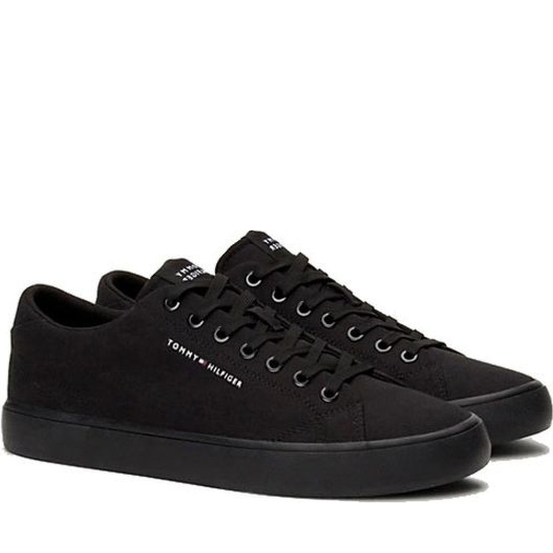 Tommy Hilfiger mens black vulc low canvas sneakers | Vilbury London