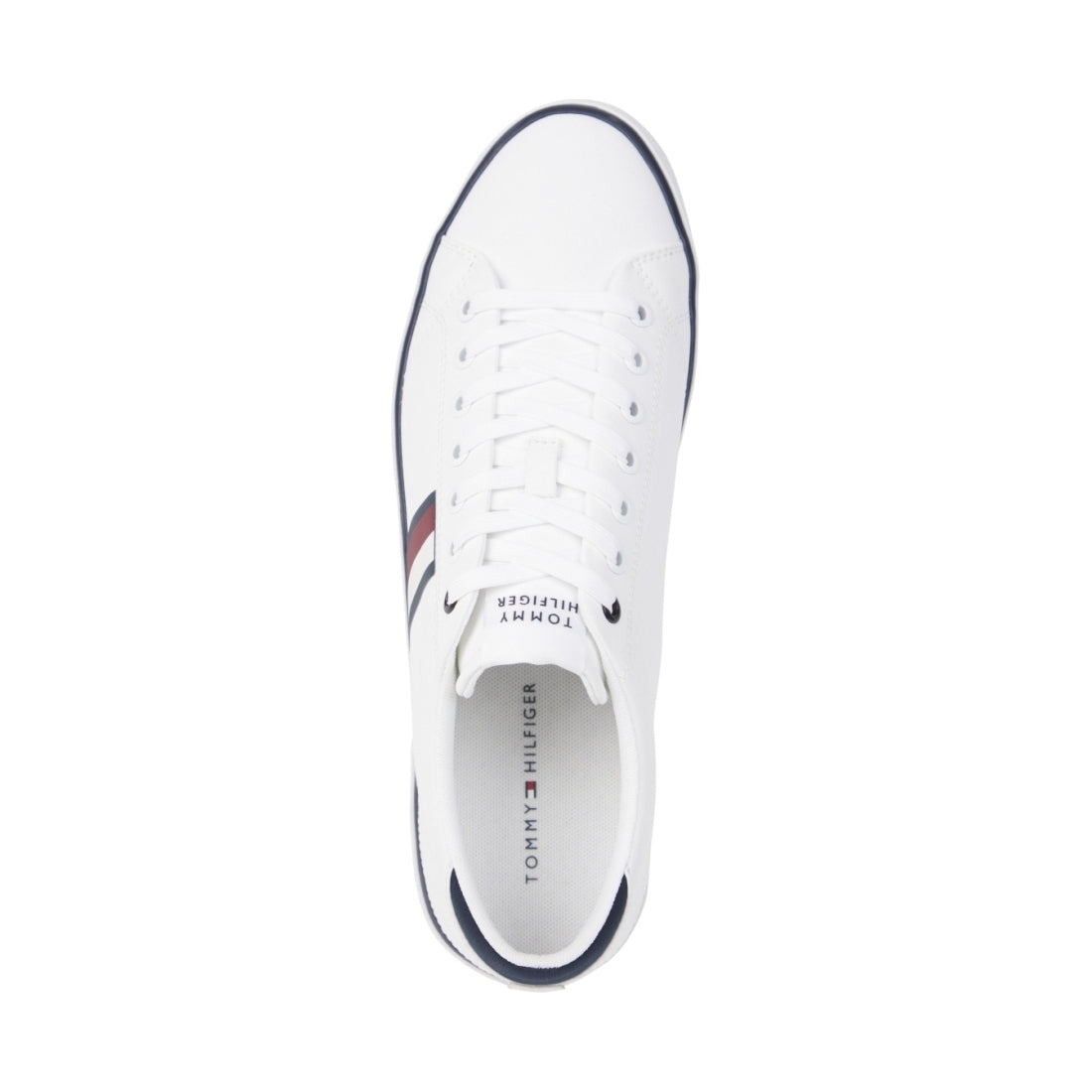 Tommy Hilfiger mens white vulc low stripes mesh leisure trainers | Vilbury London