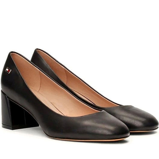 Tommy Hilfiger womens black mid heel block pump | Vilbury London