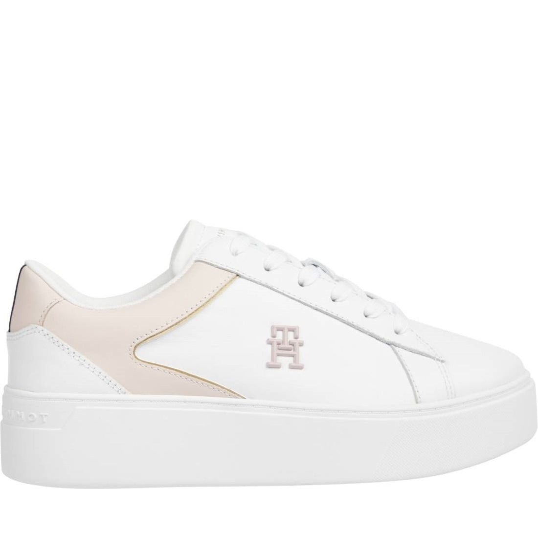 Tommy Hilfiger womens white, whimsy pink platform court sneaker | Vilbury London