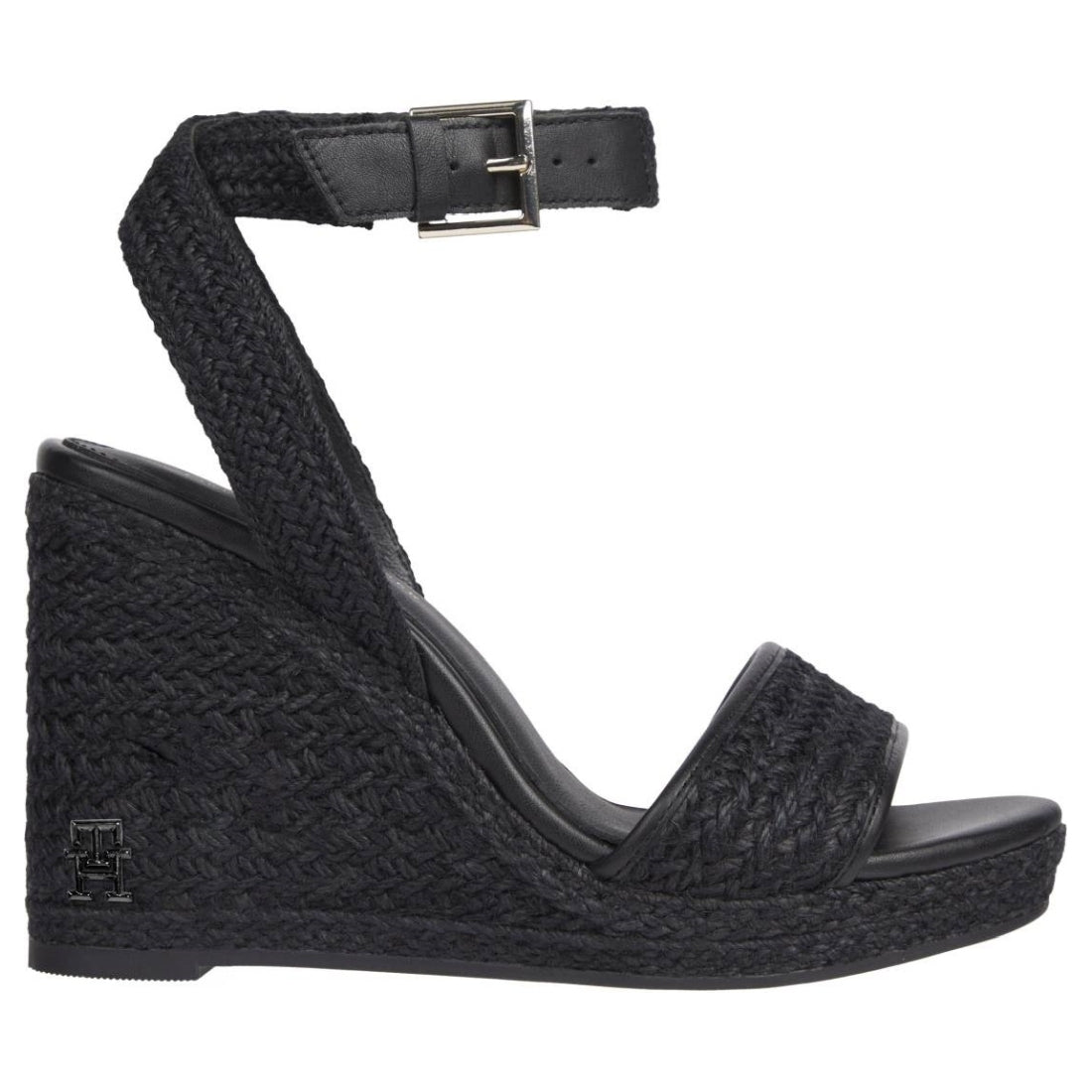 Tommy Hilfiger womens black rope high wedge sandal | Vilbury London