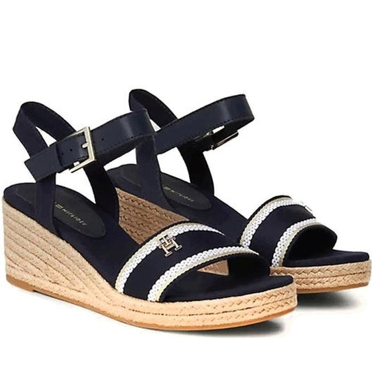 Tommy Hilfiger womens space blue webbing wedge sandal | Vilbury London