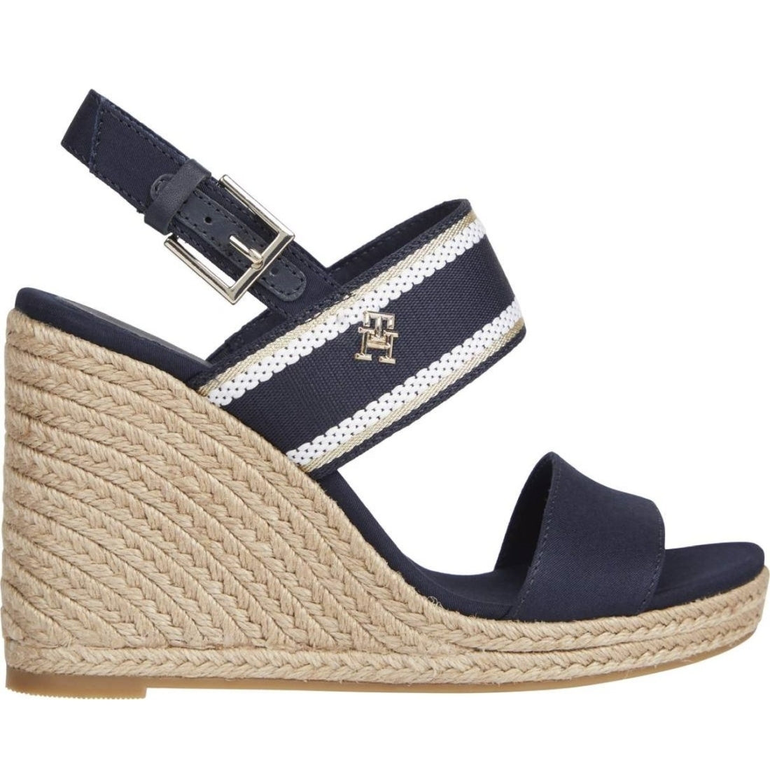 Tommy Hilfiger womens space blue webbing high wedge sandal | Vilbury London