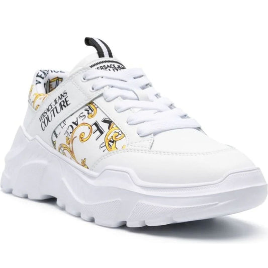 Versace Jeans Couture mens white, gold fondo speedtrack sneakers | Vilbury London