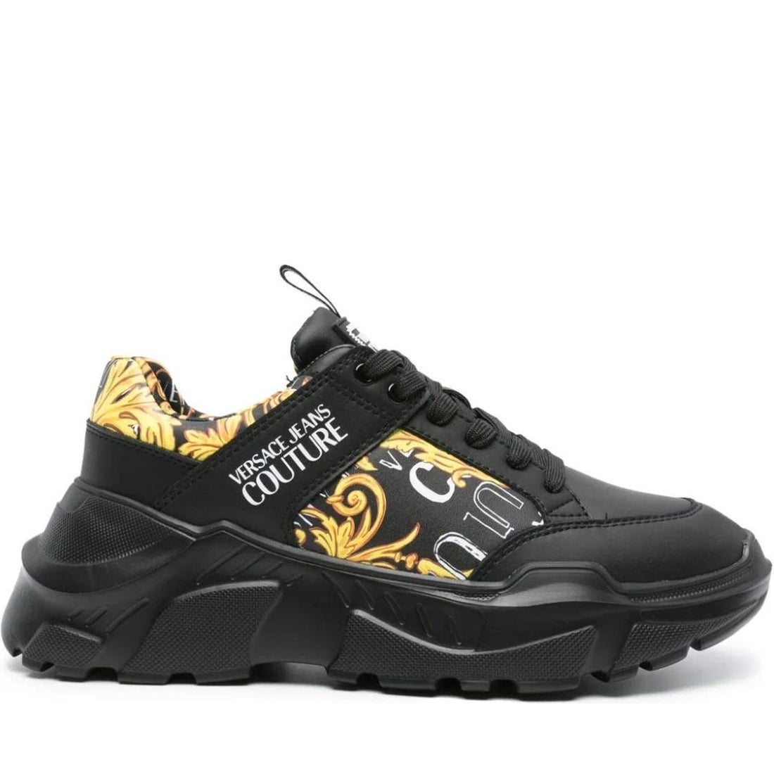 Versace Jeans Couture mens black, gold fondo speedtrack sneakers | Vilbury London