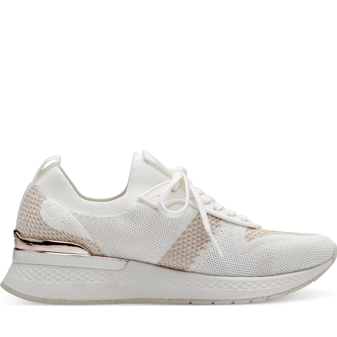 Tamaris womens wht, rose gold leisure trainers | Vilbury London