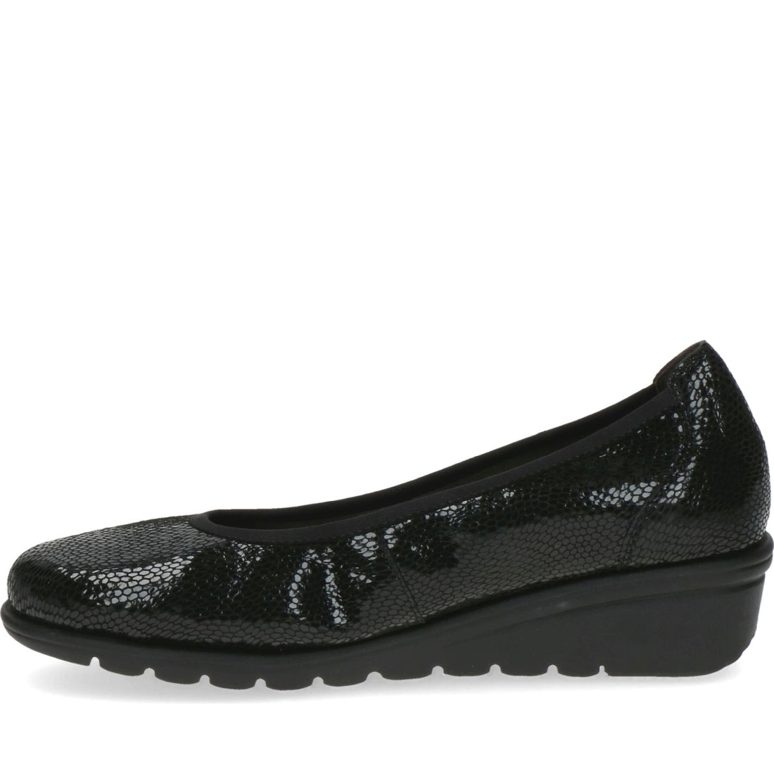 Caprice womens black reptile casual closed ballerinas | Vilbury London