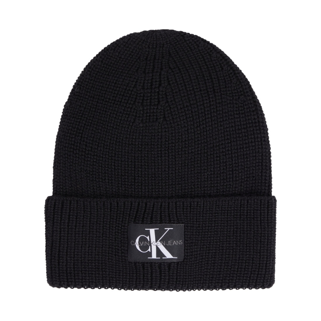 Calvin Klein Jeans mens black mono logo patch beanie | Vilbury London