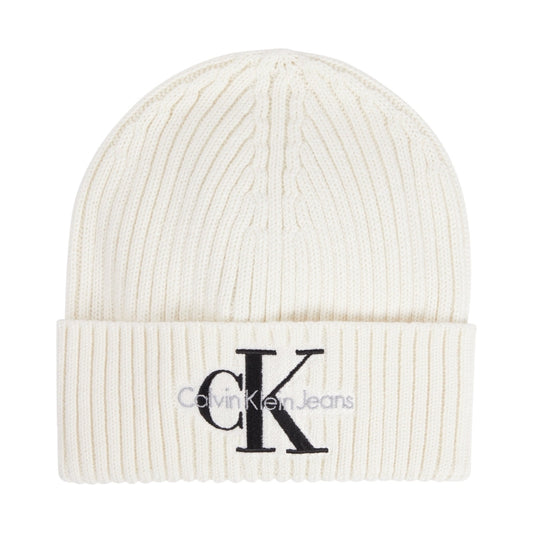 Calvin Klein Jeans womens bright white monogram beanie | Vilbury London