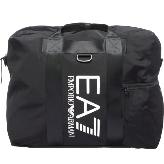 EA7 unisex adults black white logo casual gym bag | Vilbury London
