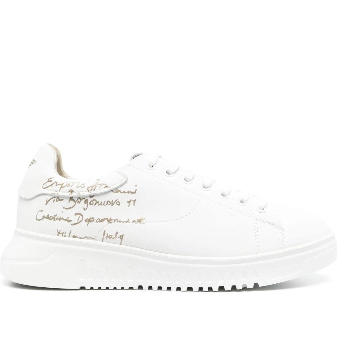 Emporio Armani womens white light gold casual closed sneaker | Vilbury London