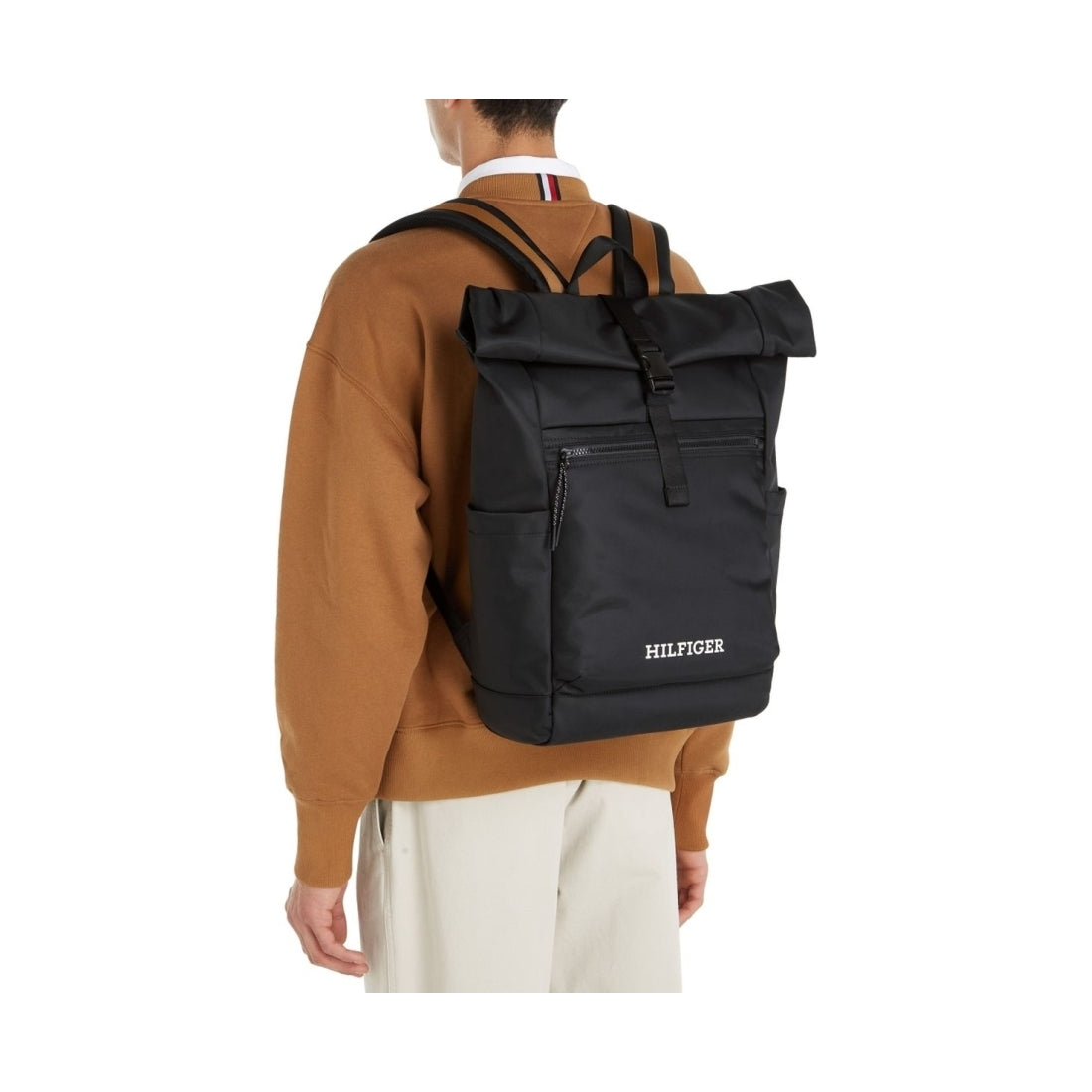 Tommy Hilfiger mens black monotype rolltop backpack | Vilbury London
