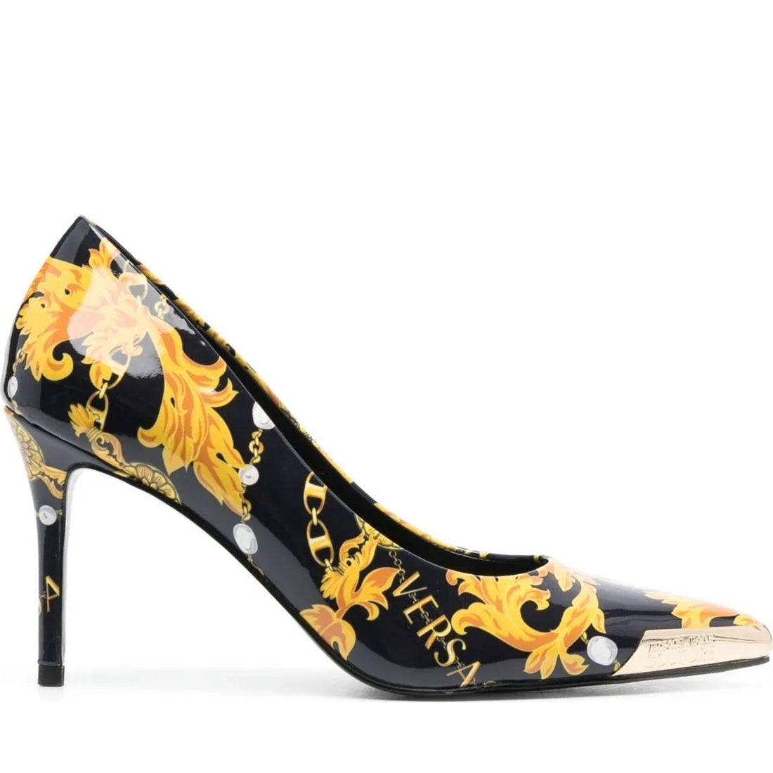 Versace Jeans Couture womens black, gold scarlett decollete shoes | Vilbury London