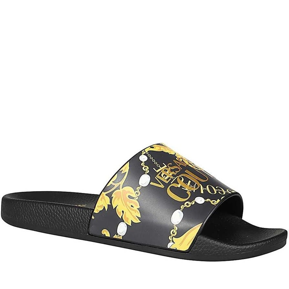 Versace Jeans Couture womens black, gold shelly pool pool slide | Vilbury London