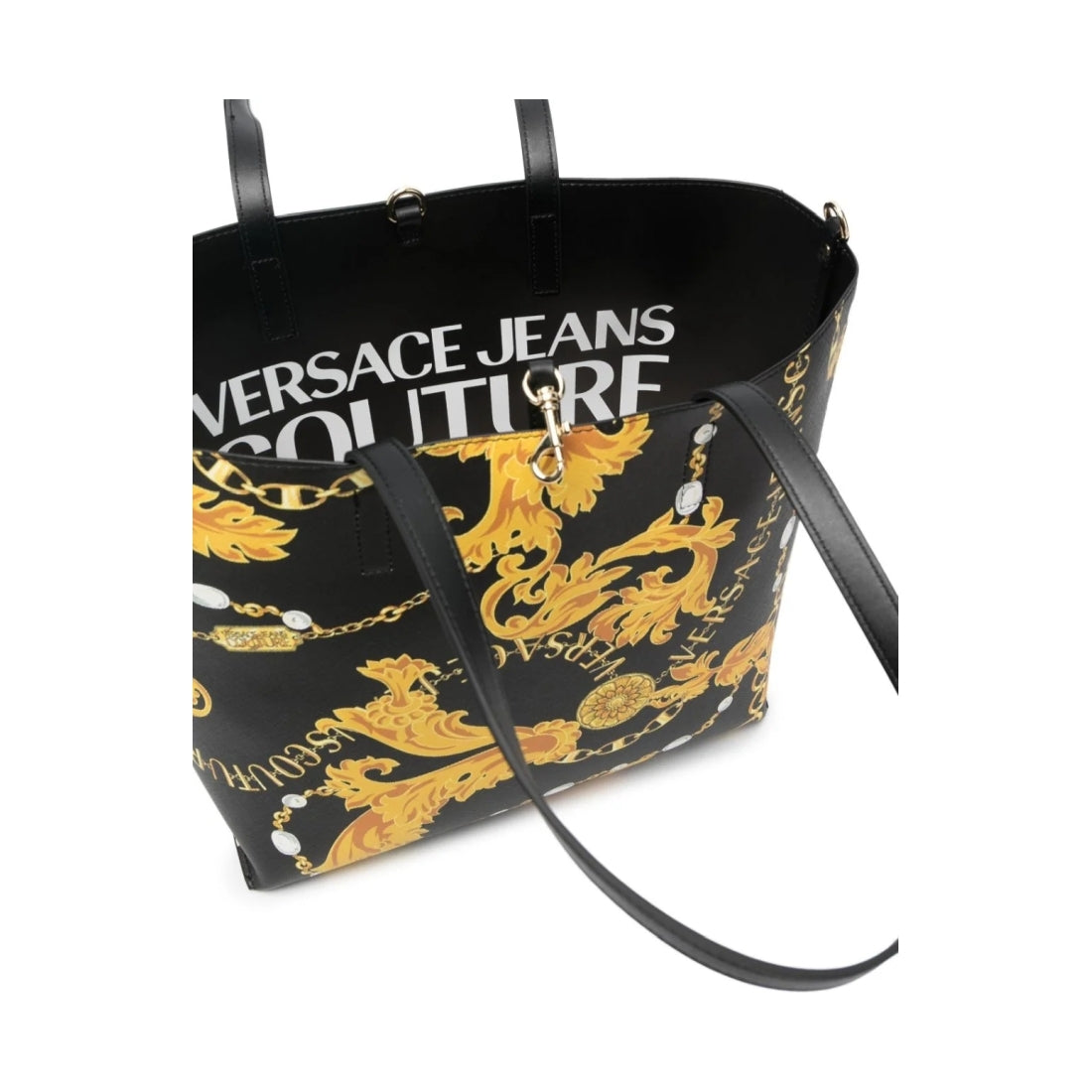 Versace Jeans Couture womens black, gold reversible shopping bag | Vilbury London