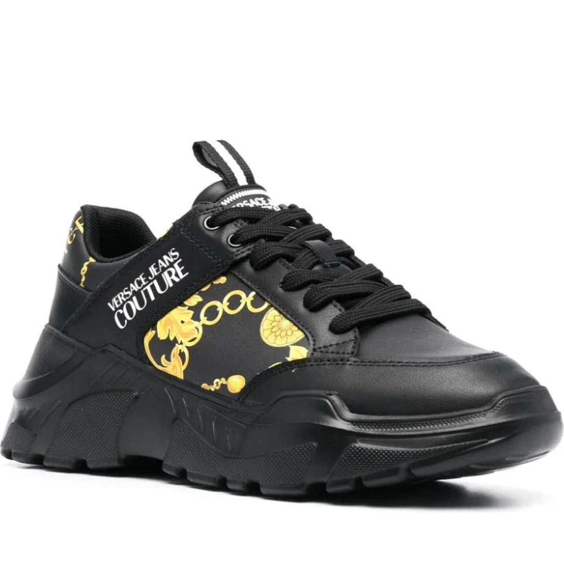 Versace Jeans Couture mens black, gold speedtrack sneakers | Vilbury London