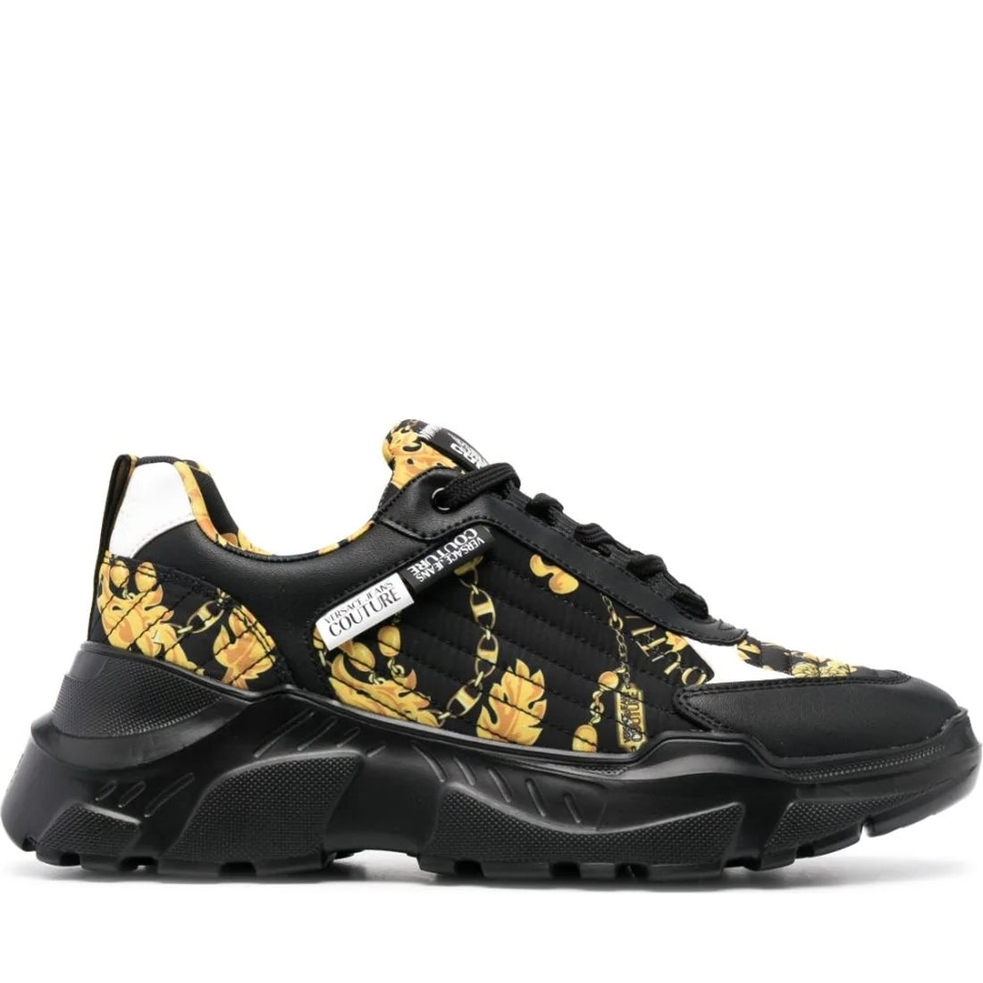 Versace Jeans Couture mens black, gold speedtrack sneakers | Vilbury London