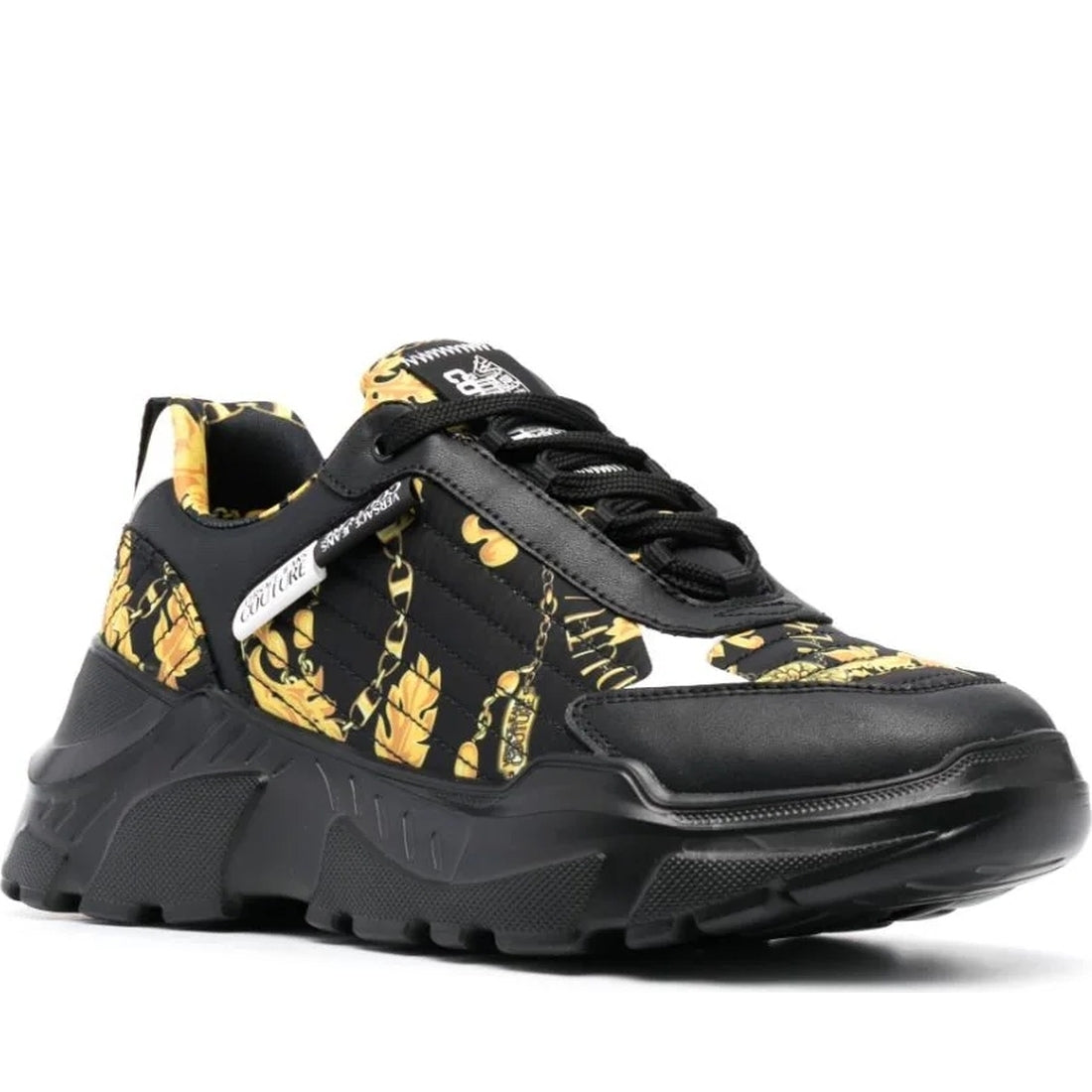 Versace Jeans Couture mens black, gold speedtrack sneakers | Vilbury London