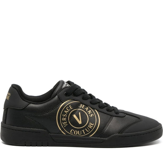 Versace Jeans Couture mens black, gold brooklyn sneakers | Vilbury London