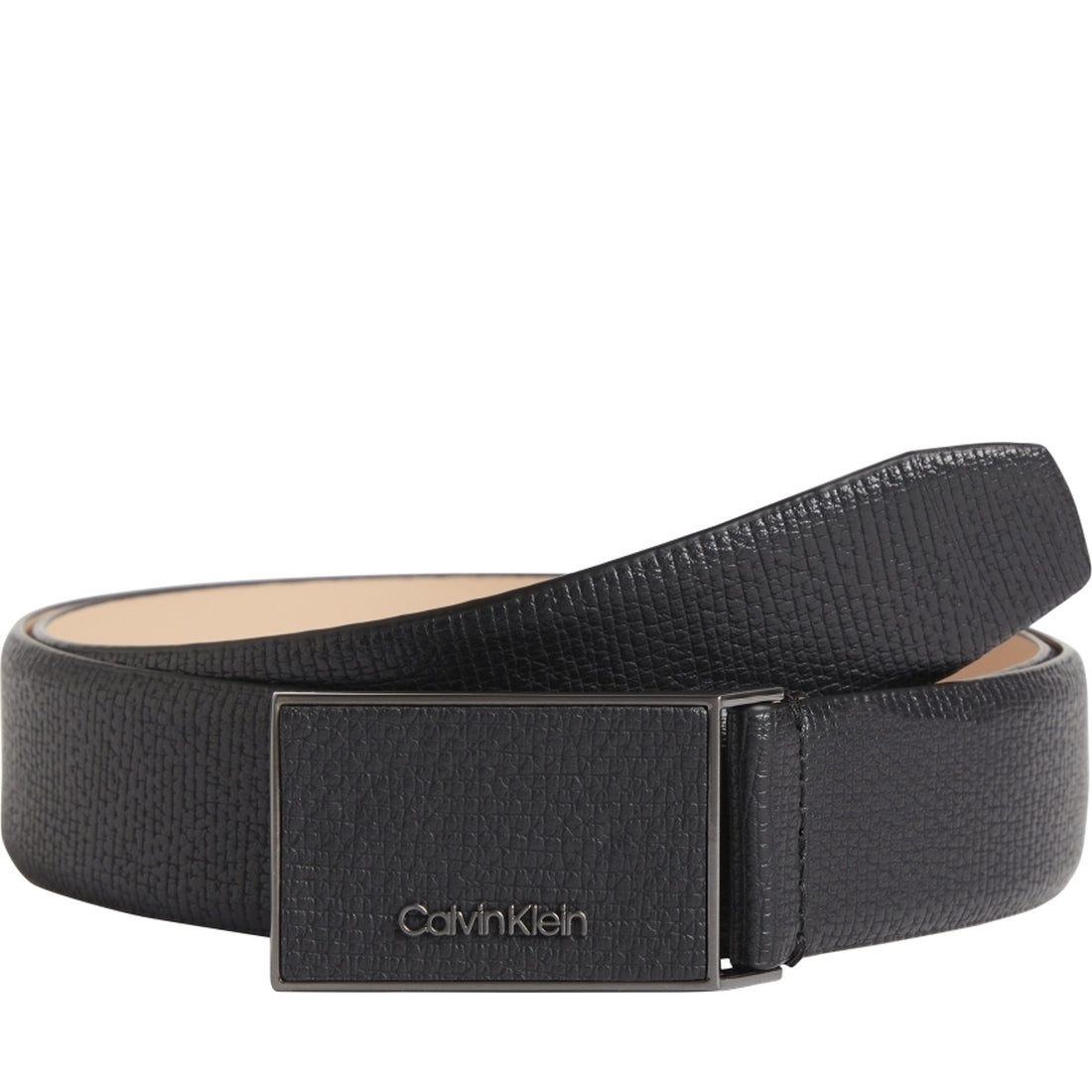 Calvin Klein mens Black leather inlay plaque pal 35mm belts | Vilbury London