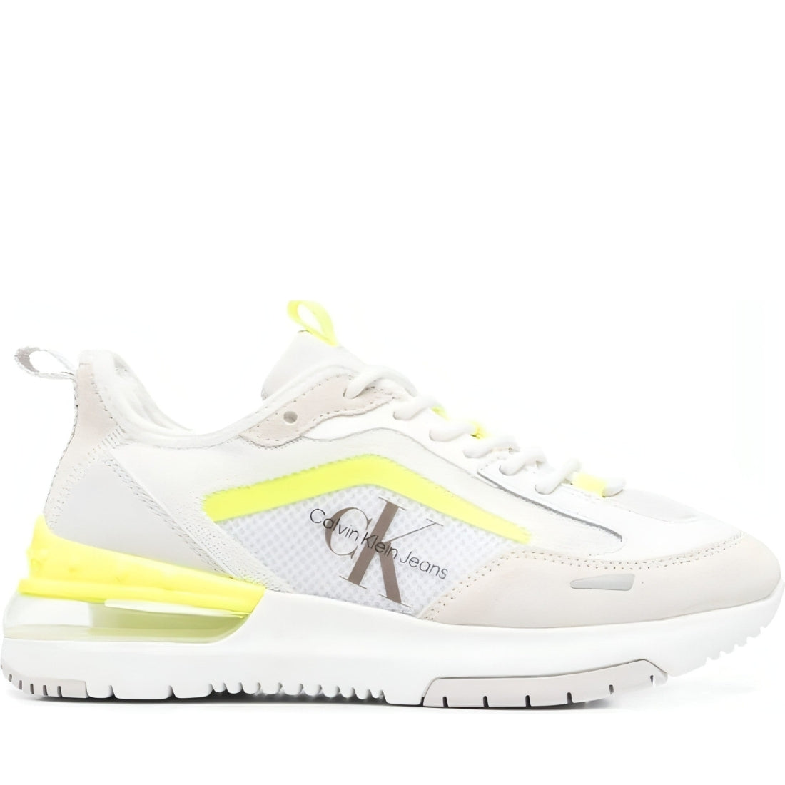 CALVIN KLEIN JEANS womens white, grey, yellow comfair su-mesh w trainers | Vilbury London