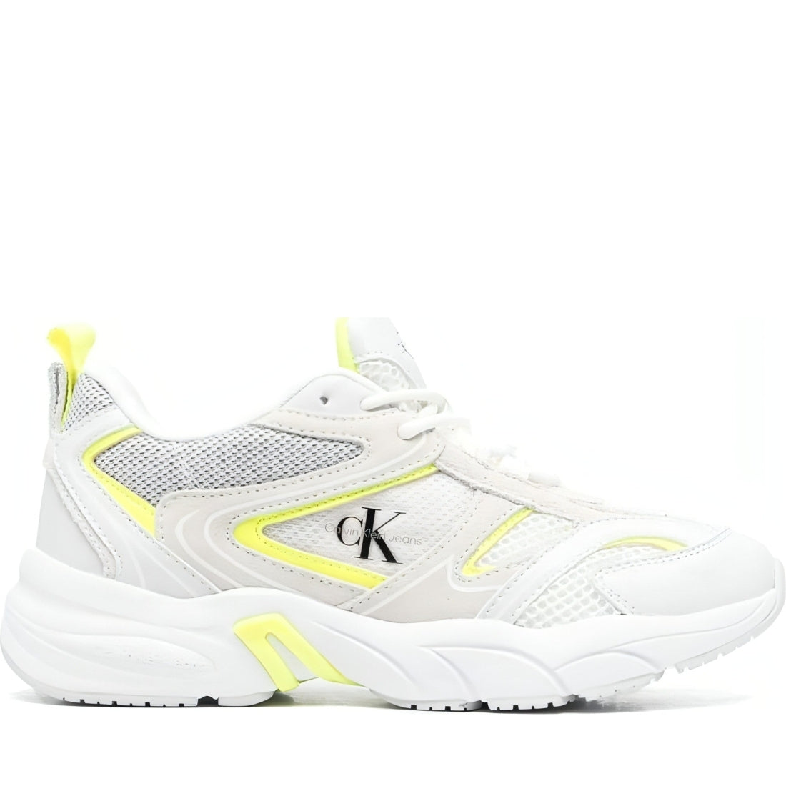 CALVIN KLEIN JEANS womens white, yellow retro tennis su-mesh w trainers | Vilbury London