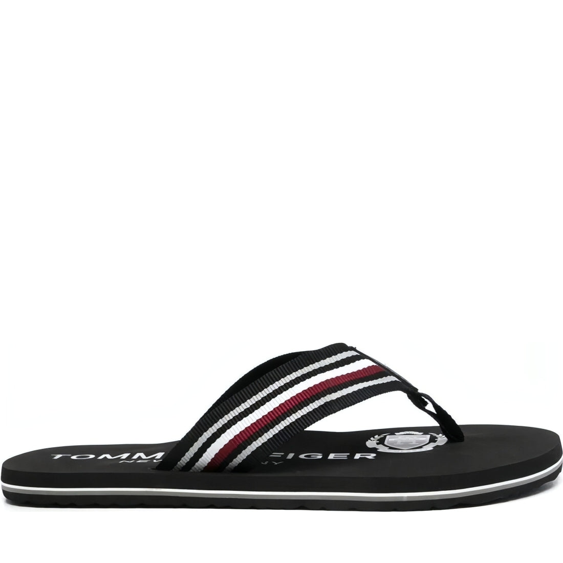 Tommy Hilfiger mens black corporate stripes beach sandal | Vilbury London
