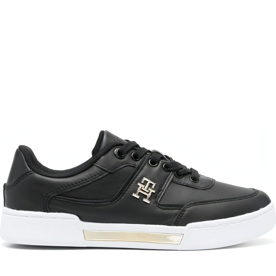 Tommy Hilfiger womens black, gold th prep court sneaker | Vilbury London